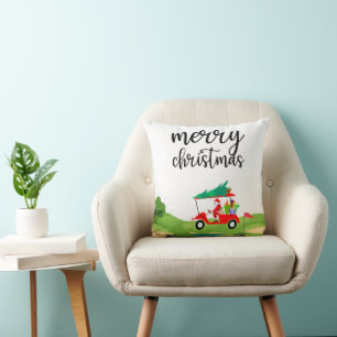 Golf Santa Claus ride red cart Christmas Tree Throw Pillow