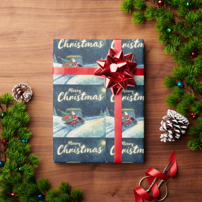 Golf Santa Claus ride red cart Christmas Tree  Wrapping Paper (Holiday Gift)