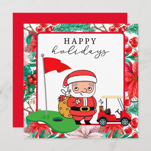 Golf  Santa Claus with Cart Flag Happy Holidays