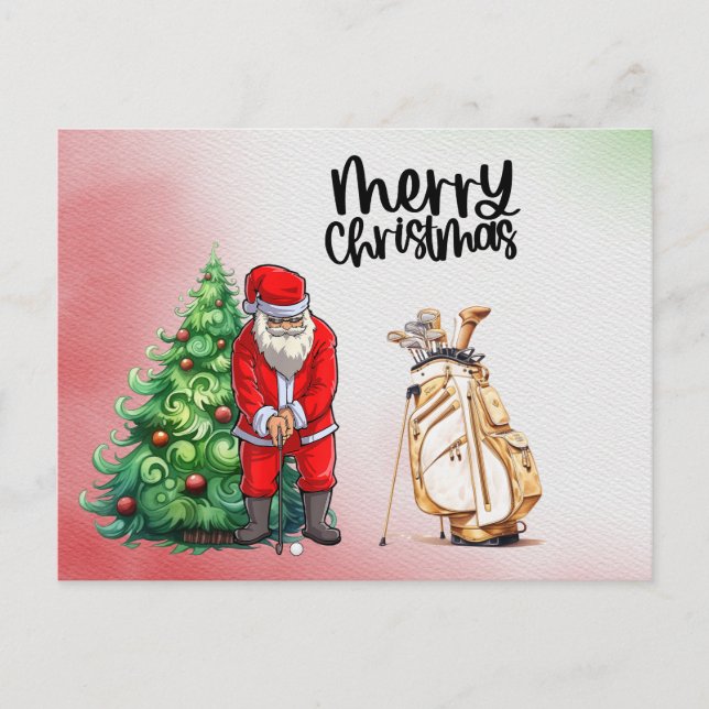 Golf Santa Claus with Christmas gift for golfer Holiday Postcard (Front)