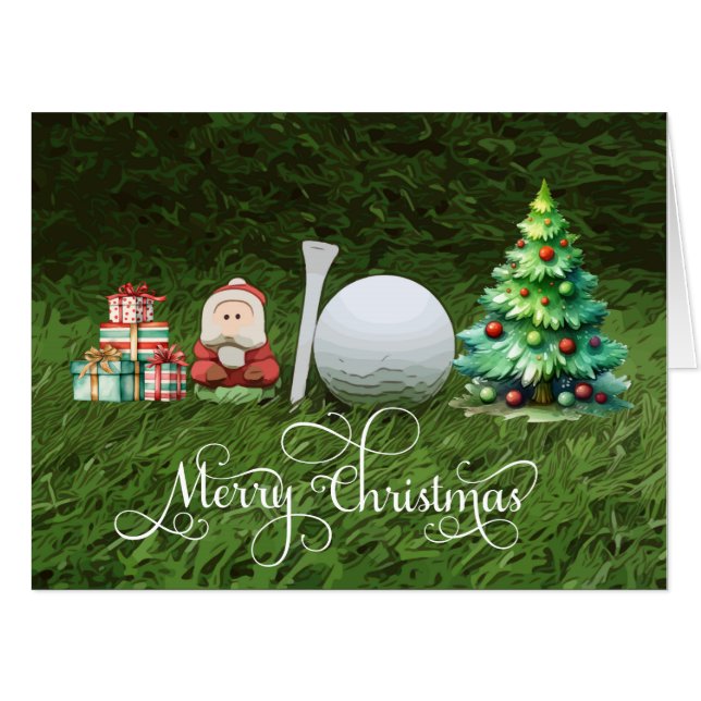 Golf Santa Claus with Christmas tree and golf ball Card (Front Horizontal)