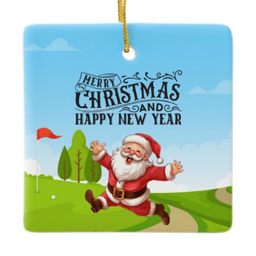 Golf Santa Claus with Snow Merry Christmas  Ceramic Ornament