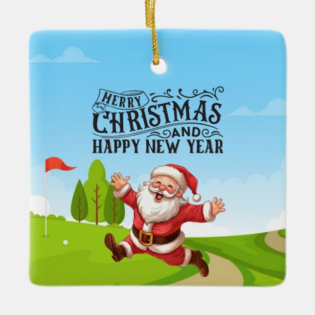 Golf Santa Claus with Snow Merry Christmas  Ceramic Ornament (Front)