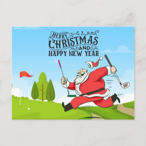 Golf Santa Claus with Snow Merry Christmas  Holiday Postcard