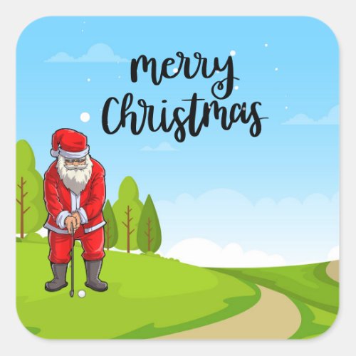 Golf Santa Claus with Snow Merry Christmas  Square Sticker