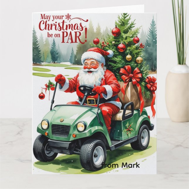 Golf Santa riding golf cart Christmas on course Card (Front)