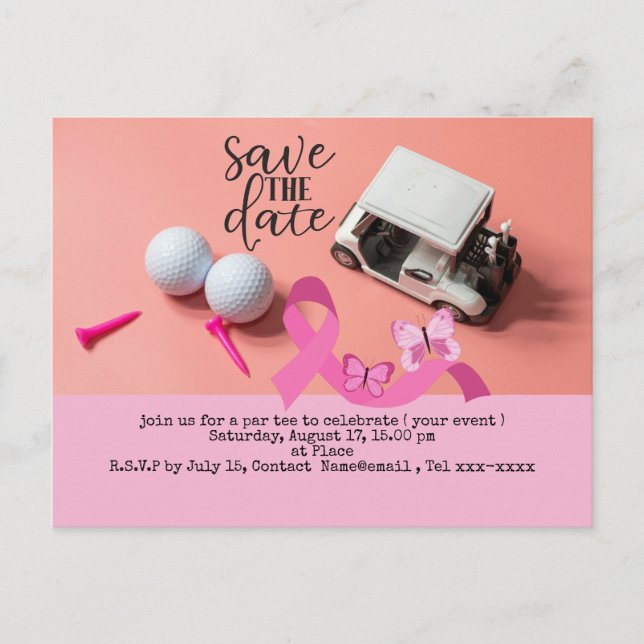 Golf save the date Breast Cancer Awareness pink Postcard (Front)