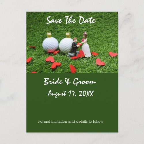 Golf save the date  bride groom golf ball love announcement postcard