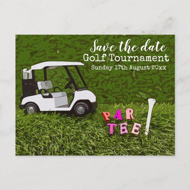 Golf Save the date for golf tournament with cart  Postcard (Front)