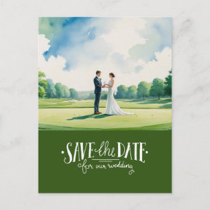 Golf save the date for wedding bride groom postcard
