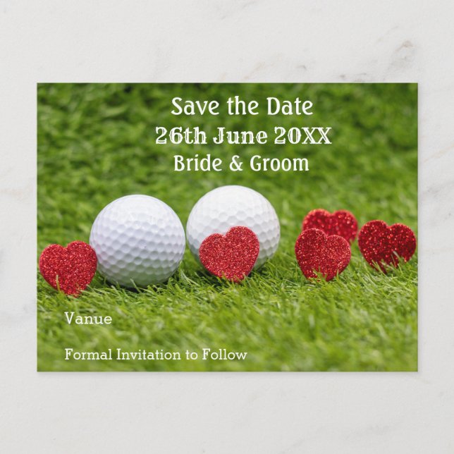 Golf Save the date for wedding with red heart Invitation Postcard (Front)