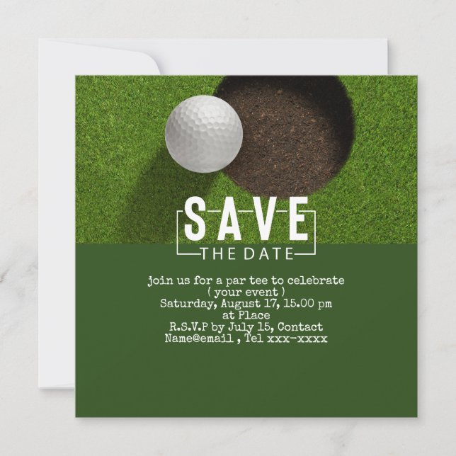 Golf save the date  golf ball putting hole in one invitation (Front)