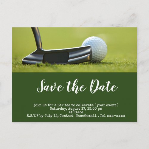 Golf save the date  golf ball putting hole in one postcard