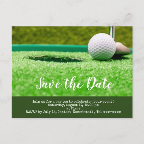 Golf save the date  golf ball putting hole in one postcard