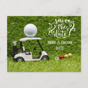 Golf Save the Date golf cart and ball on green Postcard