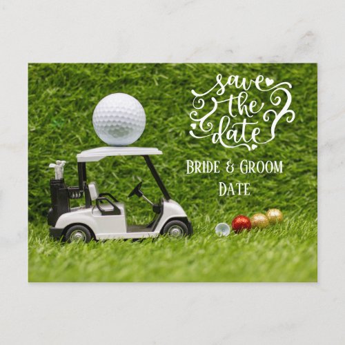 Golf Save the Date  golf cart and ball on green Postcard