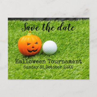 Golf Save the date Golf halloween with pumpkin  Announcement Postcard