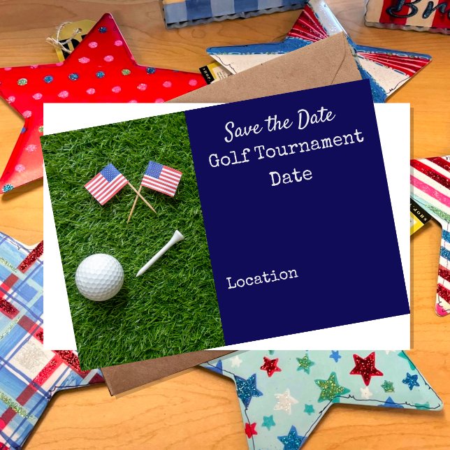 Golf Save the date with flag of America and ball Invitation