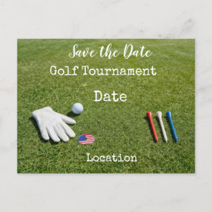 Golf Save the Date with golf ball & American flag Postcard