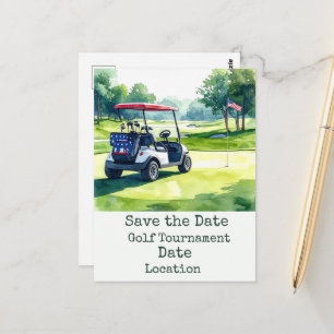 Golf Save the Date with golf ball & American flag Postcard