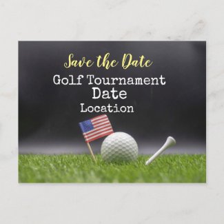 Golf Save the Date with golf ball & American flag Postcard