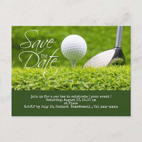 Golf save the date with golf ball and club postcard