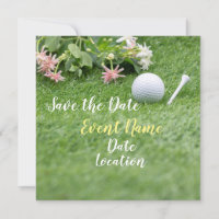 Golf save the date with golf ball and flowers
