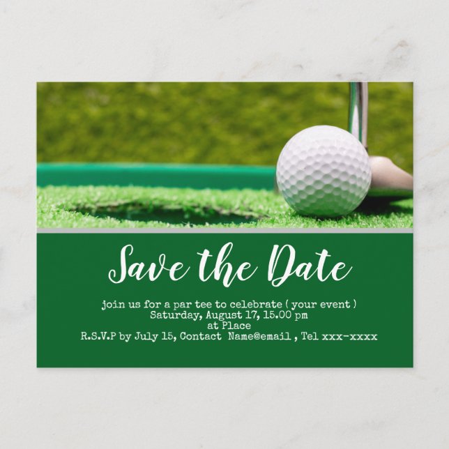 Golf save the date with golf ball and putter postcard (Front)
