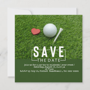 Golf save the date with golf ball and red heart invitation