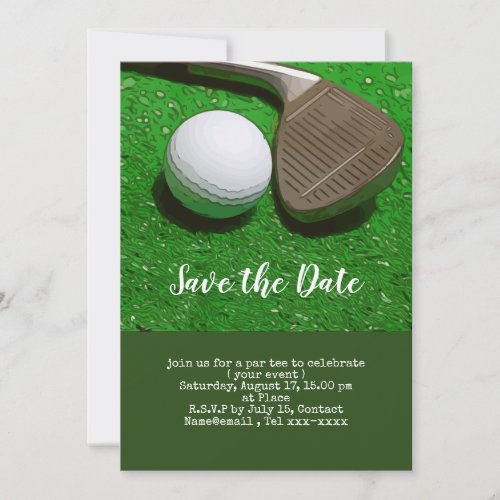 Golf save the date with golf ball and sand wedge invitation