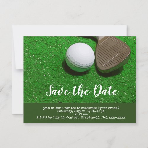 Golf save the date with golf ball and sand wedge invitation