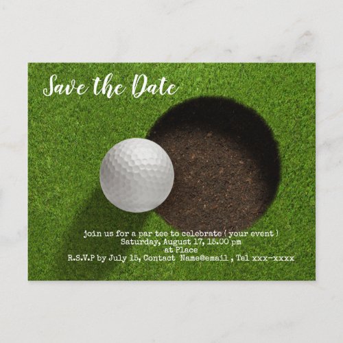 Golf save the date with golf ball and sand wedge p postcard