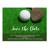 Golf save the date with golf ball and sand wedge postcard