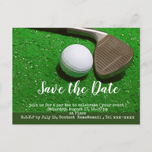 Golf save the date with golf ball and sand wedge postcard