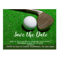 Golf save the date with golf ball and sand wedge postcard