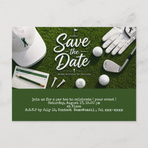 Golf save the date with golf ball and sand wedge postcard