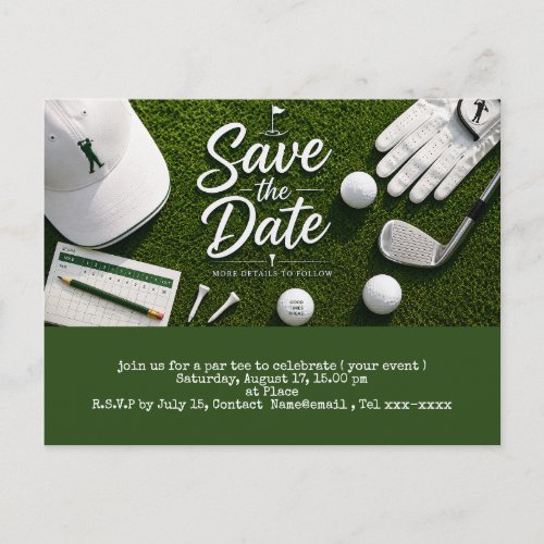 Golf save the date with golf ball and sand wedge postcard
