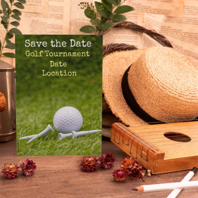 Golf Save the date with golf ball and tee on green Postcard (Creator Uploaded)