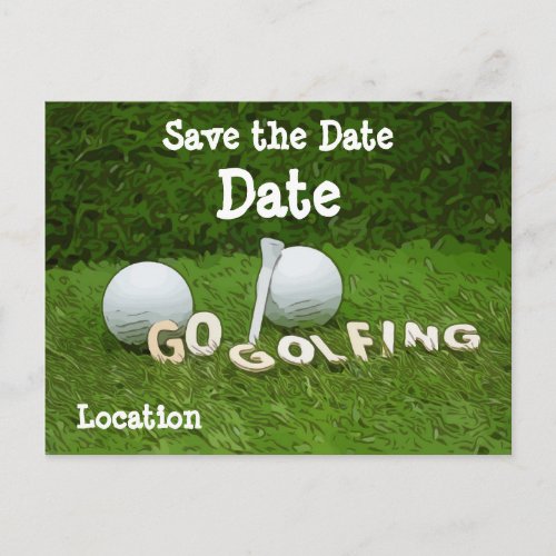 Golf save the date with golf ball and tee on green postcard