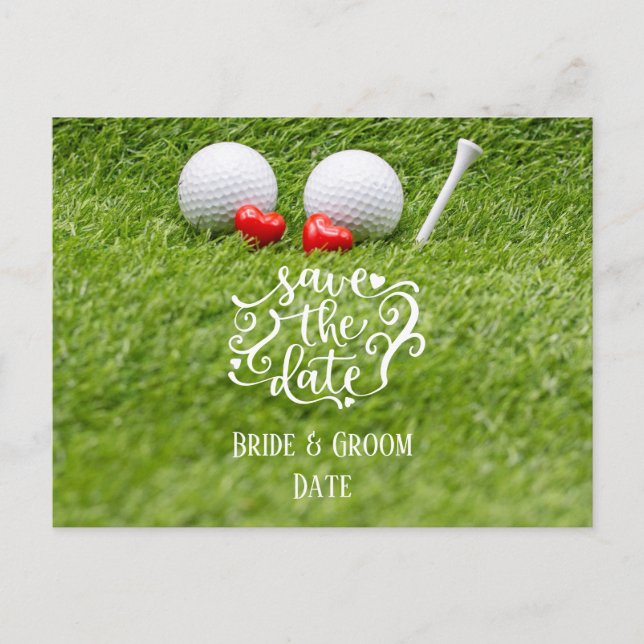 Golf Save the Date with golf ball and tee on green Postcard (Front)