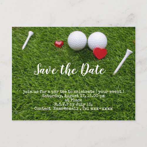 Golf save the date with golf ball and tees postcard