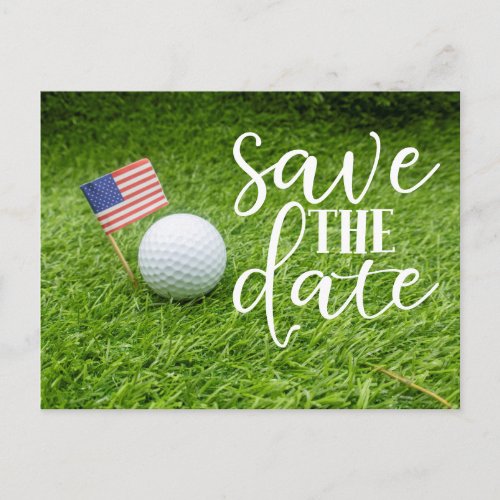 Golf Save the date with golf ball and USAflag  Postcard