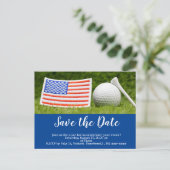 Golf save the date with golf ball and USA Flag Postcard (Standing Front)