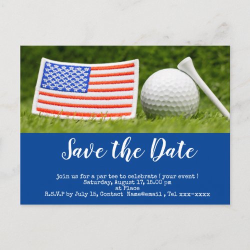 Golf save the date with golf ball and USA Flag Postcard