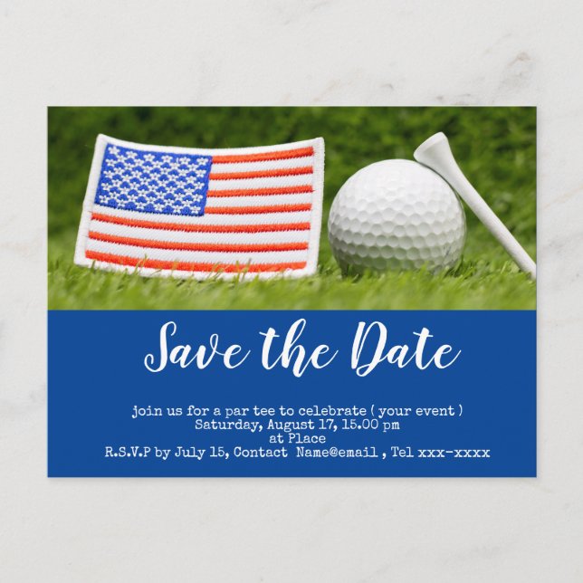Golf save the date with golf ball and USA Flag Postcard (Front)