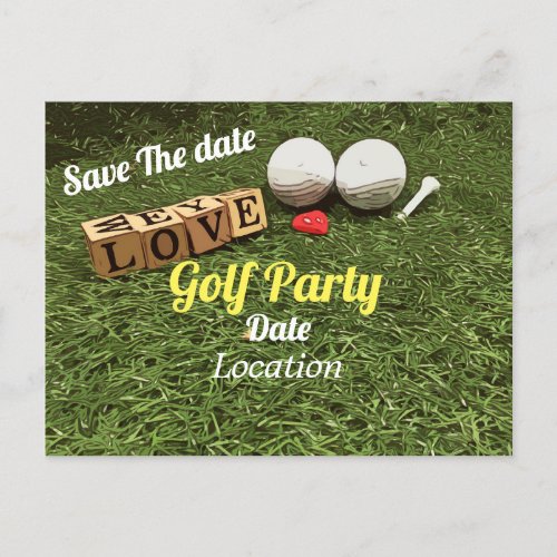 Golf  save the date with golf ball and word Love  Invitation Postcard