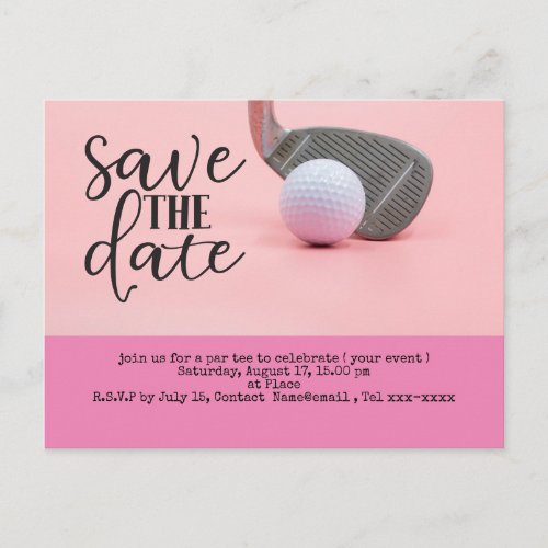 Golf save the date with golf ball for woman pink postcard