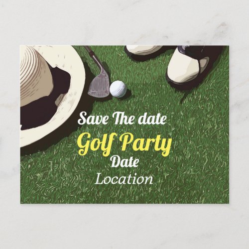 Golf  save the date with golf ball  hat shoes  invitation postcard