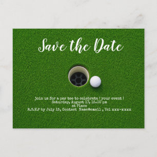 Golf save the date with golf ball next to hote postcard