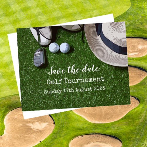 Golf Save the date with golf ball on green Announcement Postcard
